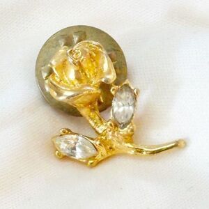 Vintage Gold Tone Rose Lapel Pin Marquise Rhinestone Leaves